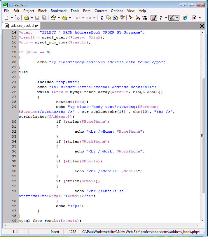 How a PHP script looks in EditPadPro
