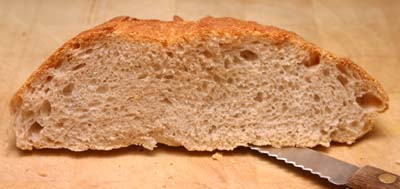 Close-up of the crumb structure of the cut loaf