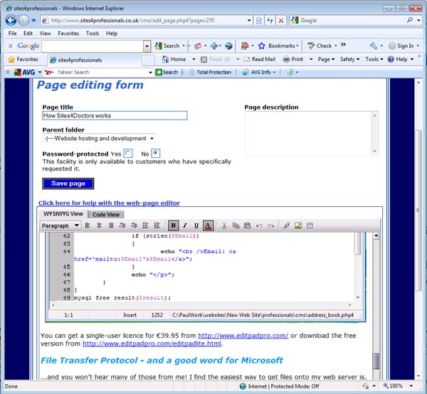 Part of the page editing form, showing the Editize window