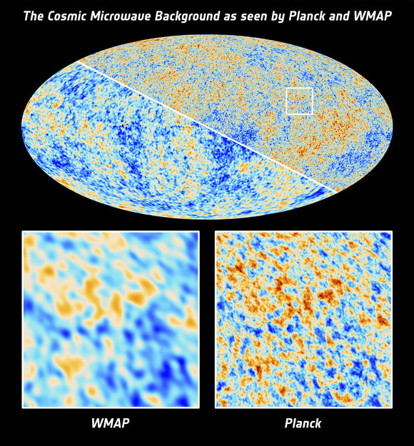 ESA’s comparison of the previously accepted image of the CMB and the March 2013 one from the satellite.